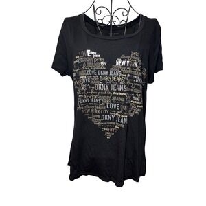 DKNY Jeans NWT Black Heart Graphic T-Shirt Metallic Silver‎ Gold Logo - Large